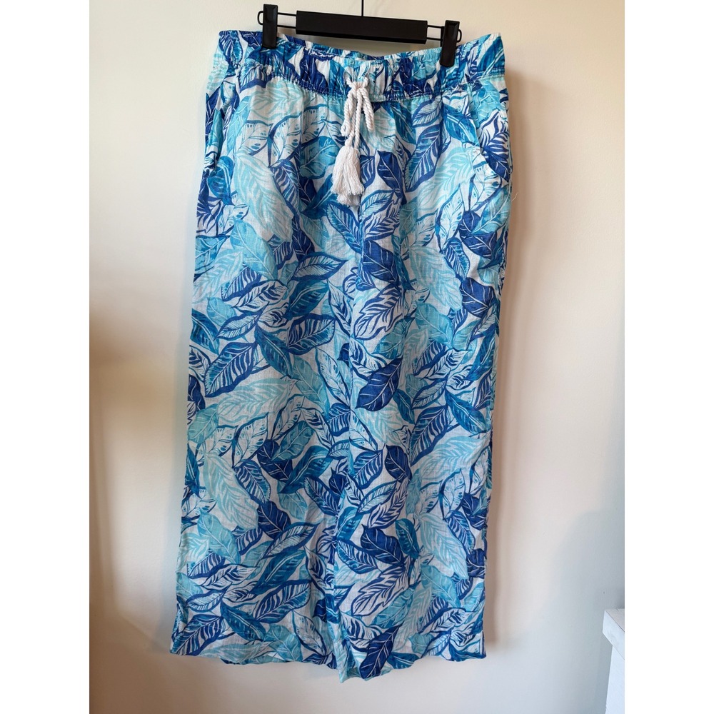 Sigrid Olsen Linen Wide Leg Pants XL Blue White Tropical Leaf Print Tassel Rope